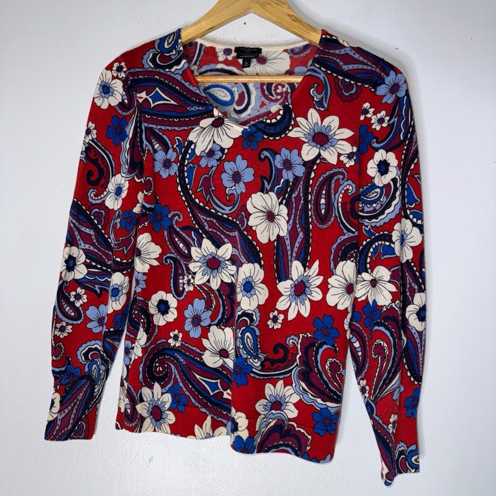 talbots‎ s petite Merino Wool Pull Over Red Blue White Floral Paisley Sweater